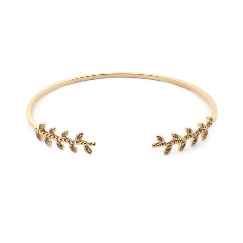 Bracelet Carador jonc ouvert motif laurier, plaqué or et oxydes de zirconium