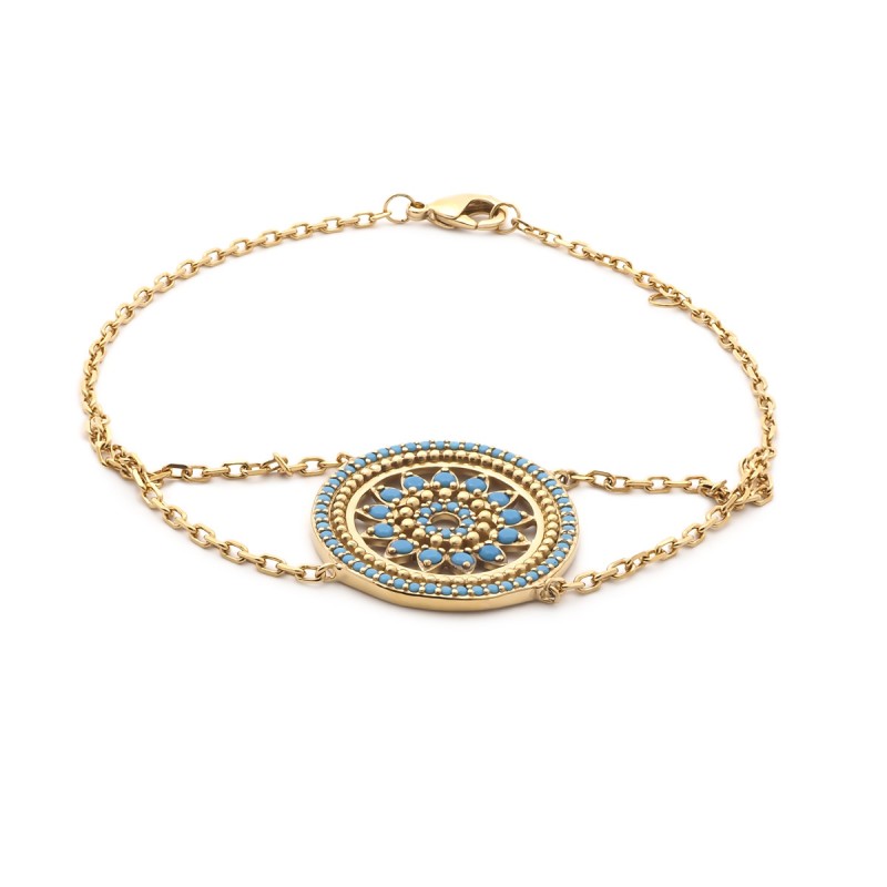 Bracelet souple Carador motif ethnique plaqué or et turquoises