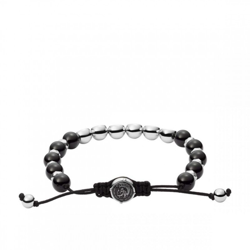 Bracelet Homme Diesel perles d'agate noires et d'acier gris argent
