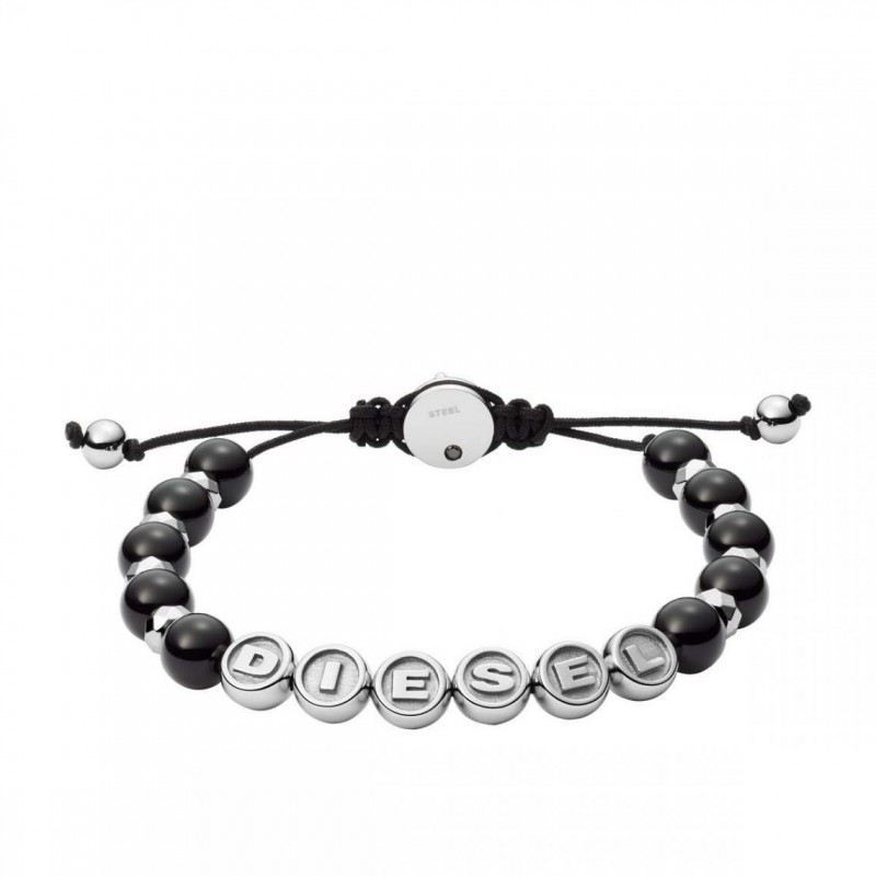 Bracelet Homme Diesel perles d'agate noires et d'acier gris argent