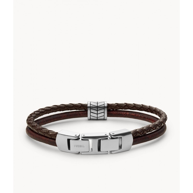 Bracelet Fossil multi rangs Multistrands en acier et en cuir marron