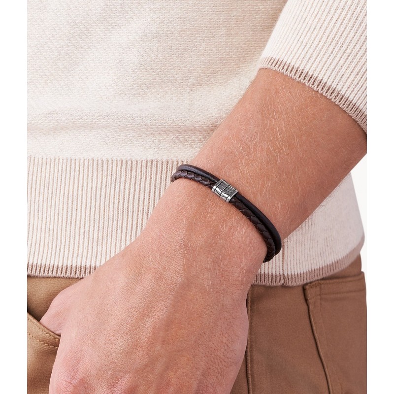 Bracelet Fossil multi rangs Multistrands en acier et en cuir marron