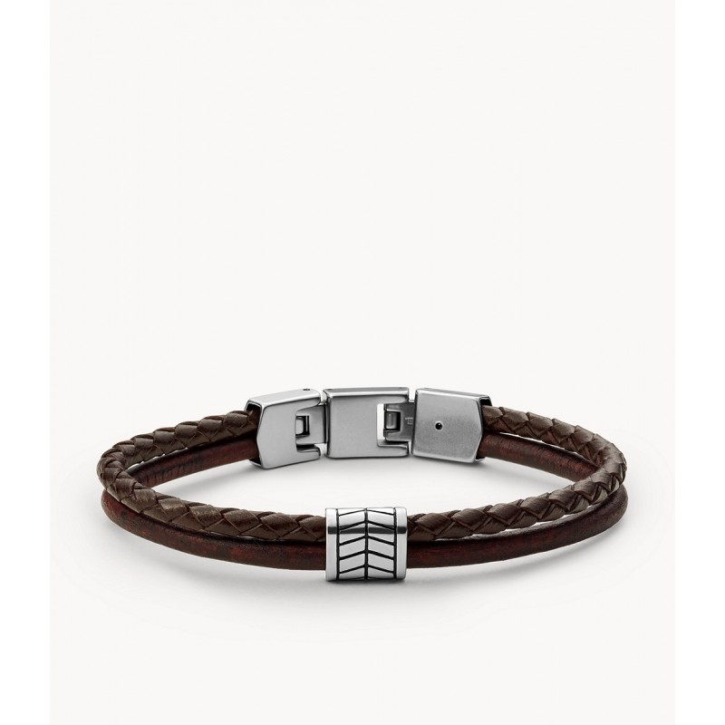 Bracelet Fossil multi rangs Multistrands en acier et en cuir marron