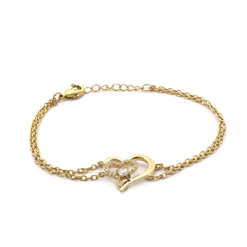 Bracelet Femme Coeur en Plaqué Or et Oxyde de Zirconium Blanc