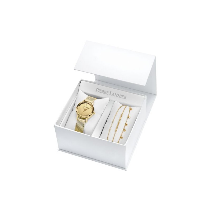 Coffret Femme Pierre Lannier Multiples Cadran Doré Bracelet Acier Milanais Doré