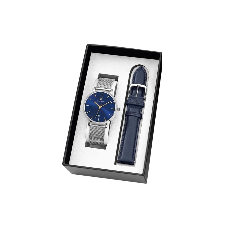 Coffret Montre Homme Pierre Lannier Bracelet en Acier Milanais Argenté et Cadran Bleu Collection ECHO