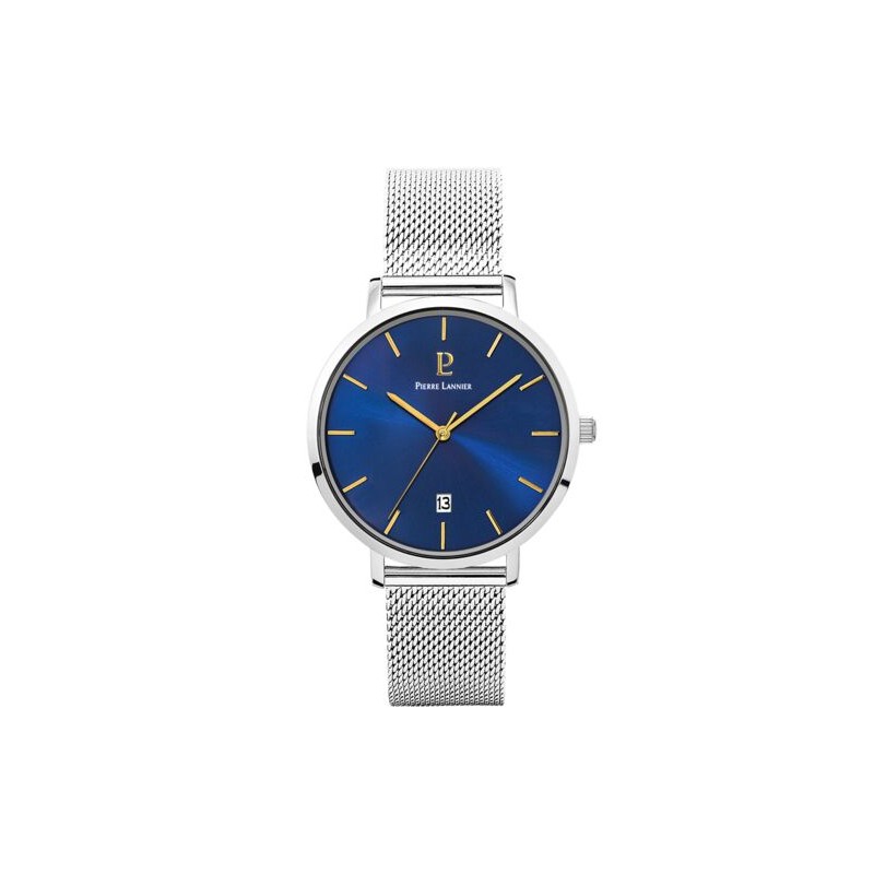 Coffret Montre Homme Pierre Lannier Bracelet en Acier Milanais Argenté et Cadran Bleu Collection ECHO