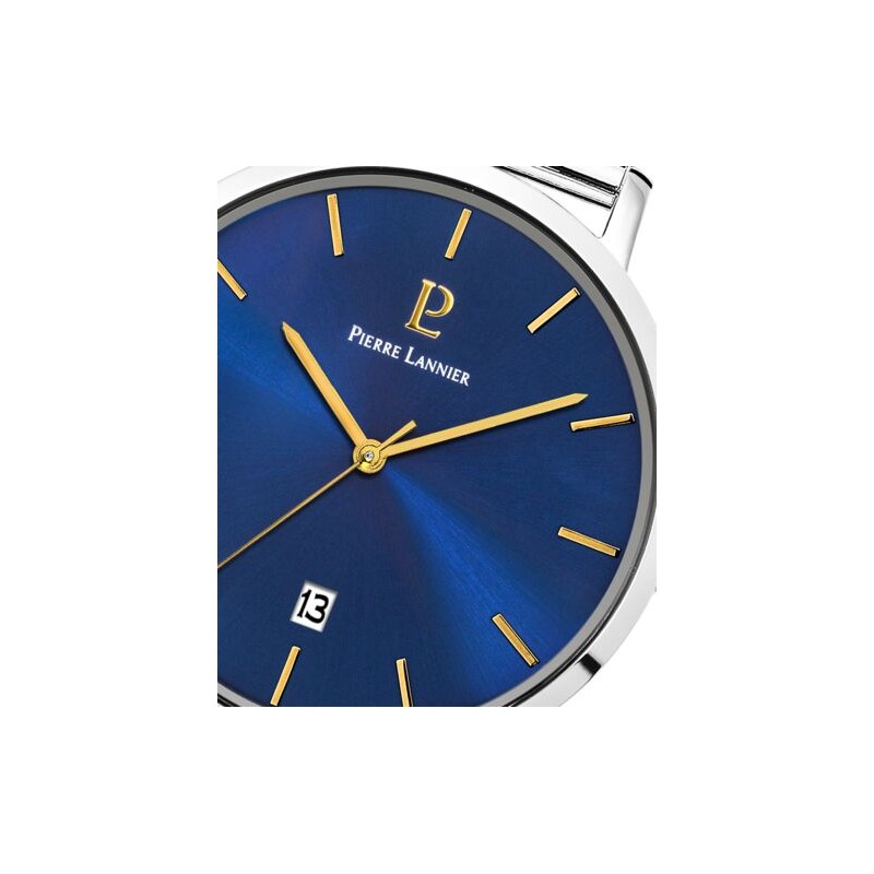 Coffret Montre Homme Pierre Lannier Bracelet en Acier Milanais Argenté et Cadran Bleu Collection ECHO