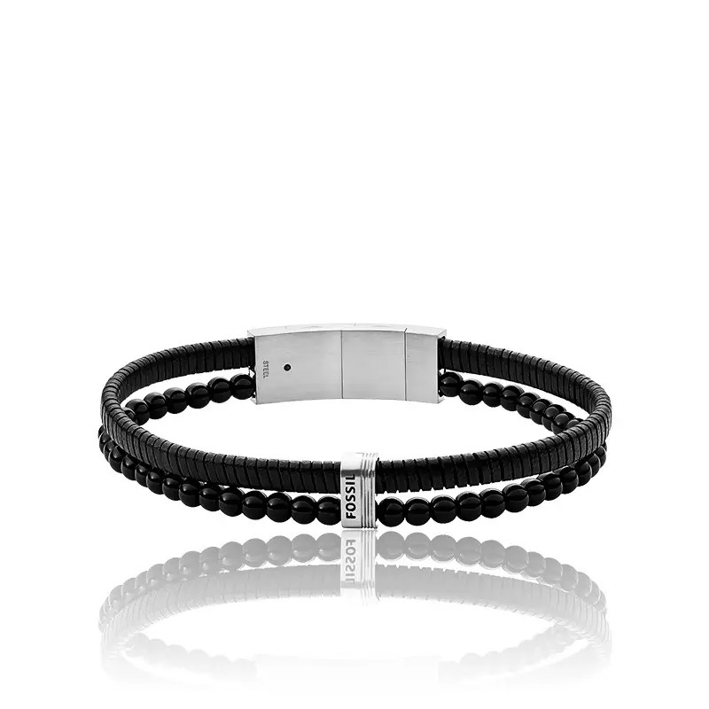 Bracelet Homme Fossil Multistrands Vintage Casual en Cuir Noir