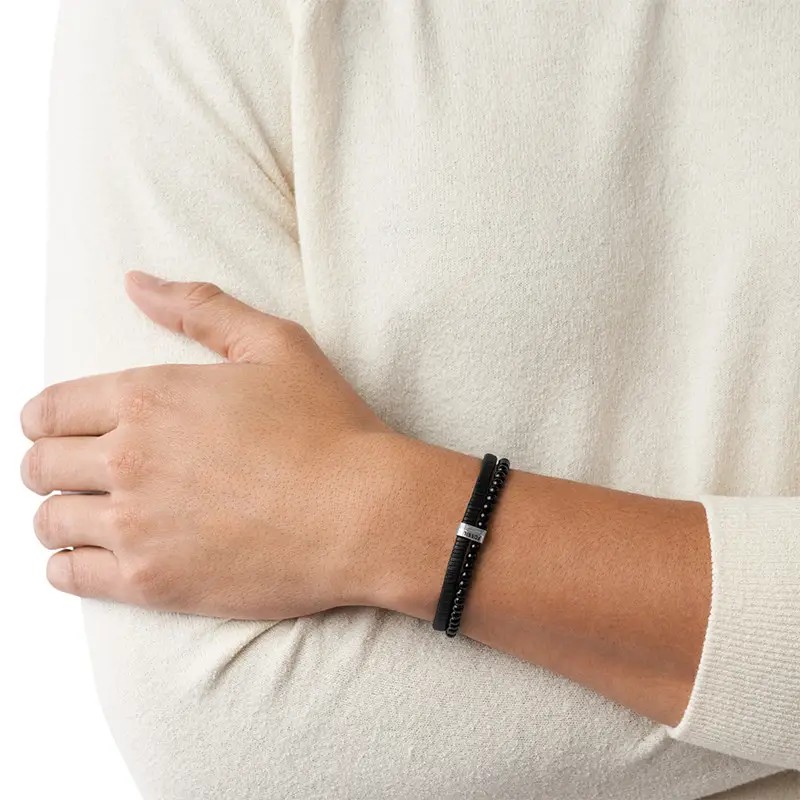 Bracelet Homme Fossil Multistrands Vintage Casual en Cuir Noir