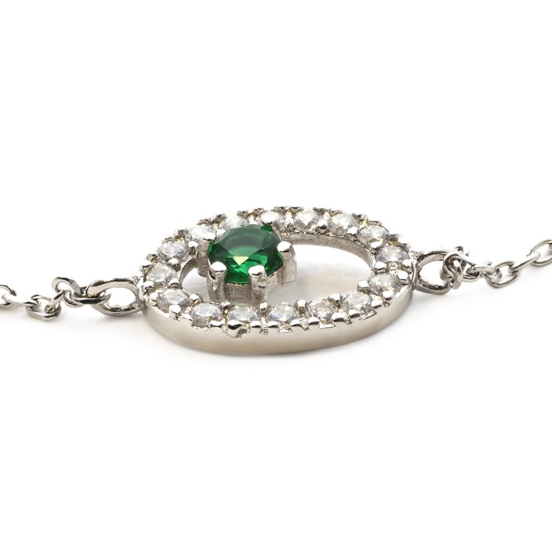 Bracelet Carador chaine et oval empierré d'oxydes de zirconium et pierre verte en argent 925/000