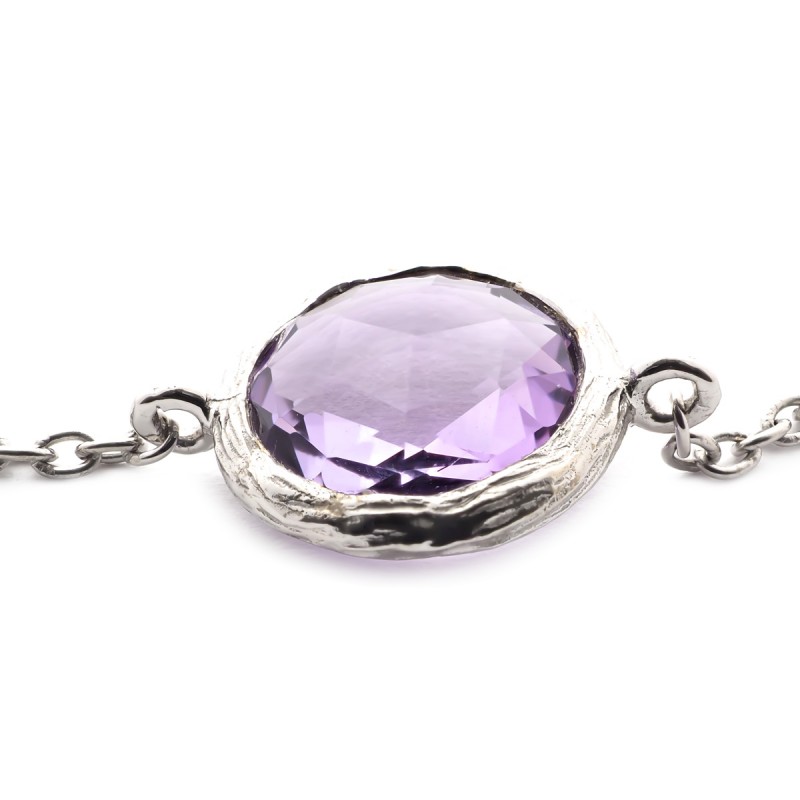 Bracelet argent 925/000 rhodié avec motif rond d'améthyste