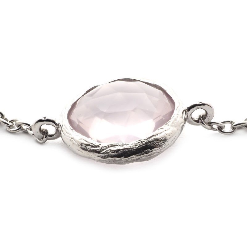Bracelet argent 925/000 rhodié avec motif rond de quartz rose