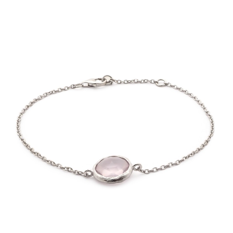 Bracelet argent 925/000 rhodié avec motif rond de quartz rose