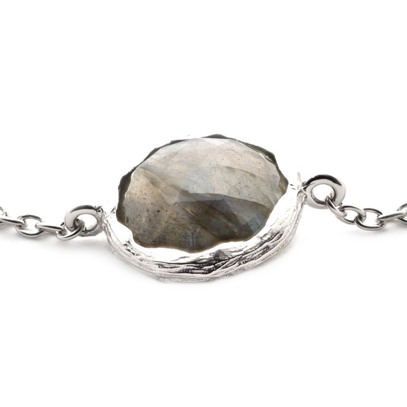 Bracelet argent 925/000 rhodié avec motif rond de labradorite