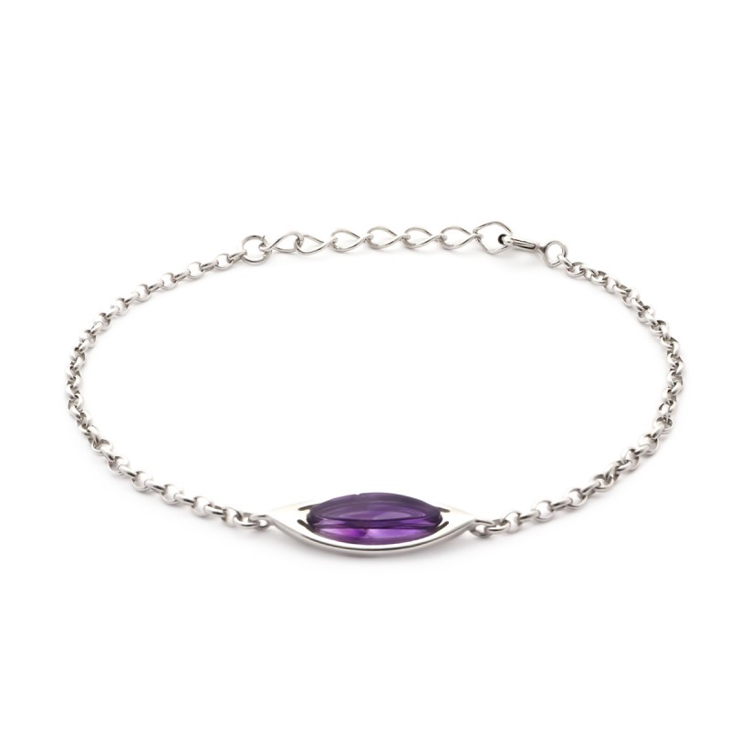 Bracelet argent 925/000 rhodié avec motif forme amande en améthyste