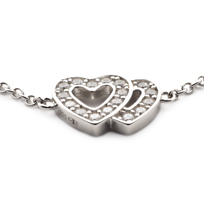 Bracelet en argent motif double-coeur et oxydes de zirconium