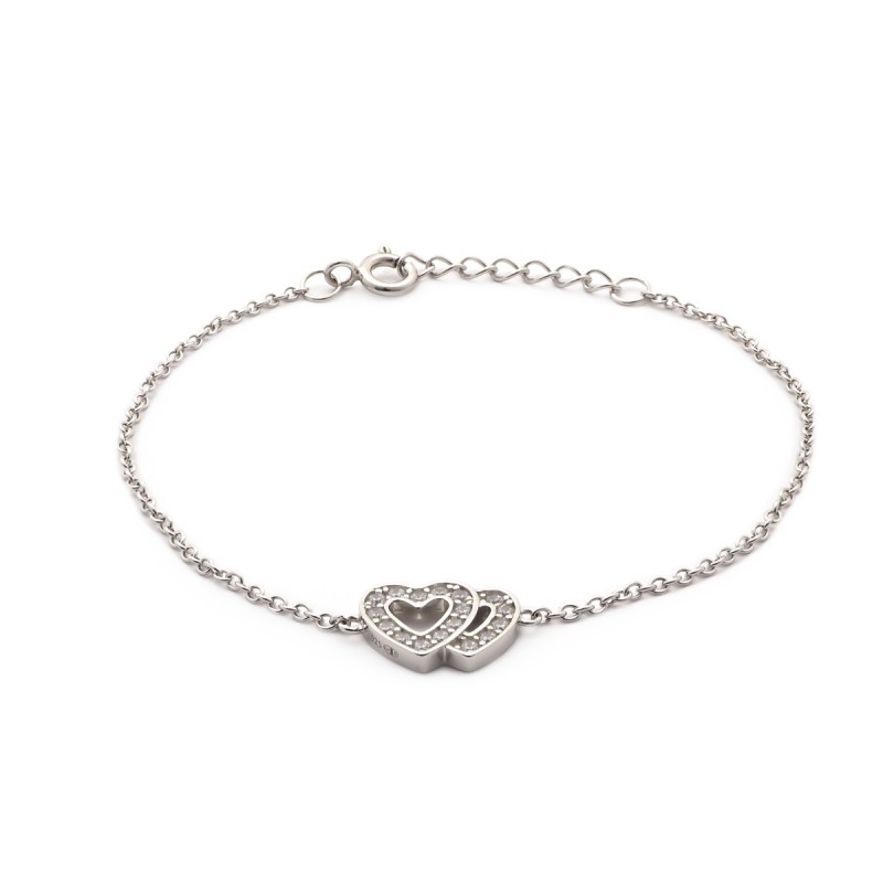 Bracelet en argent motif double-coeur et oxydes de zirconium