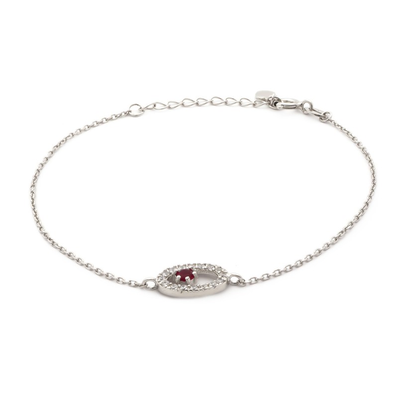 Bracelet Carador chaine et oval empierré d'oxydes de zirconium et verre rouge en argent 925/000