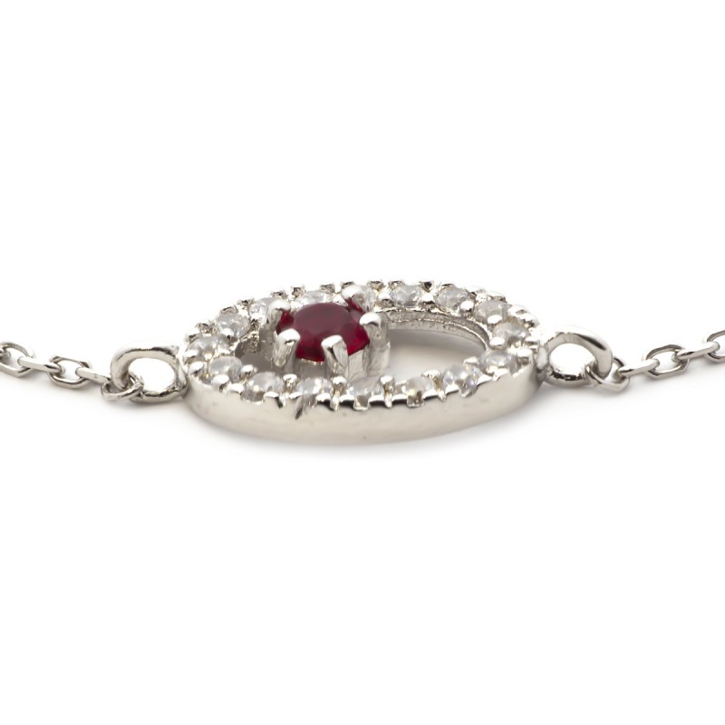 Bracelet Carador chaine et oval empierré d'oxydes de zirconium et verre rouge en argent 925/000