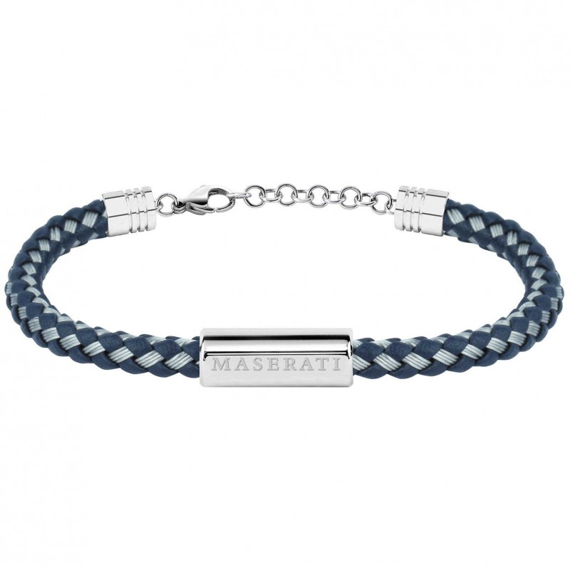 Bracelet Homme Maserati acier gris et cuir bleu