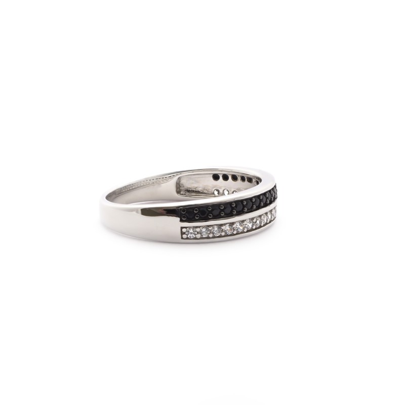 Bague femme Carador type alliance double rang avec oxydes noir et blanc