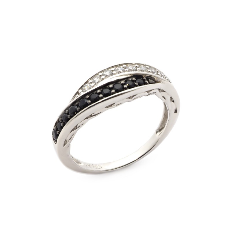 Bague double anneau serti d'oxydes de zirconium noir et blanc