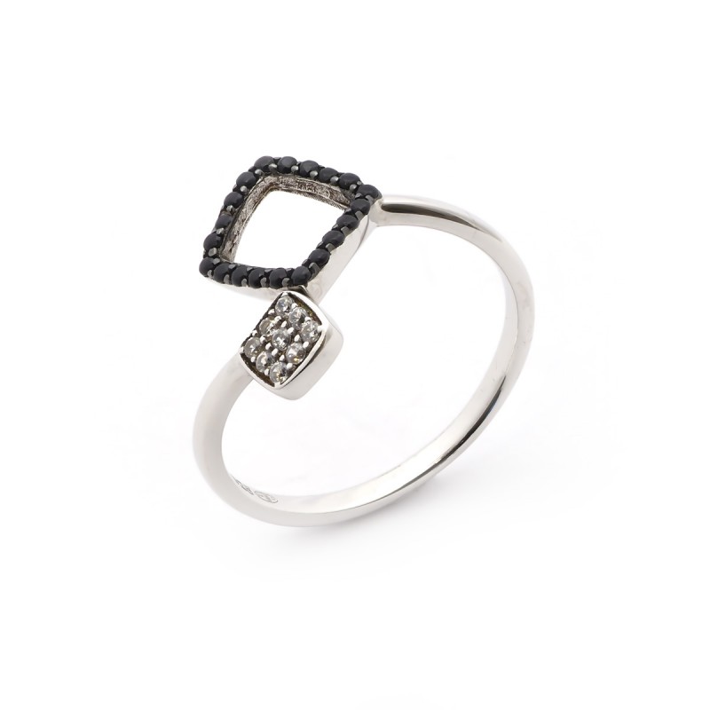 Bague ouverte Carador losange Argent 925/000e Oxydes de zirconium blancs et noirs