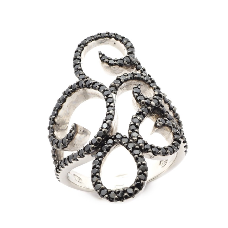 Bague Carador arabesques empierrée d'oxydes de zirconium noirs, argent 925/000