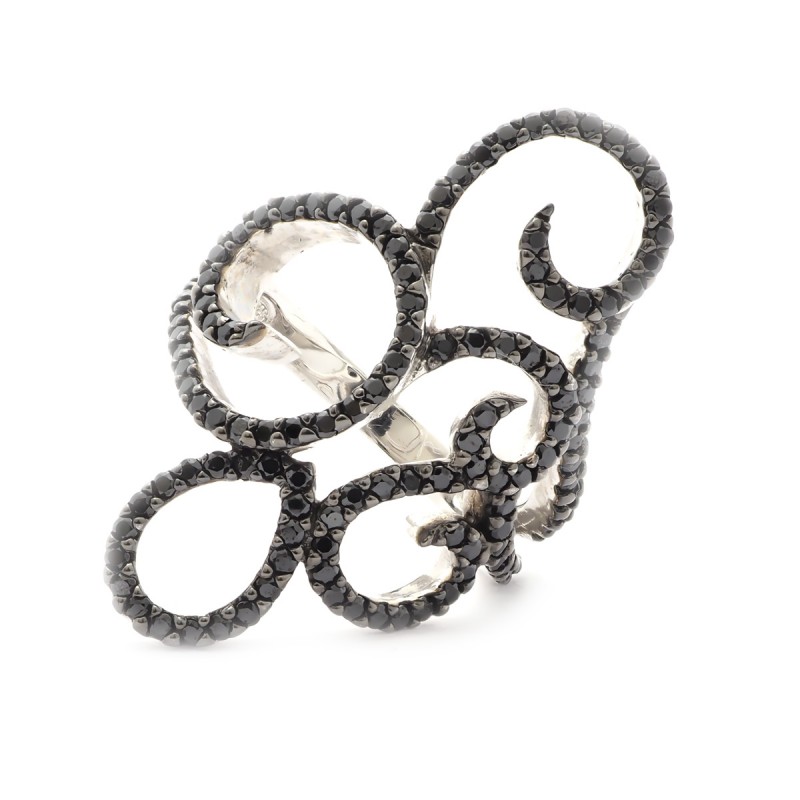 Bague Carador arabesques empierrée d'oxydes de zirconium noirs, argent 925/000