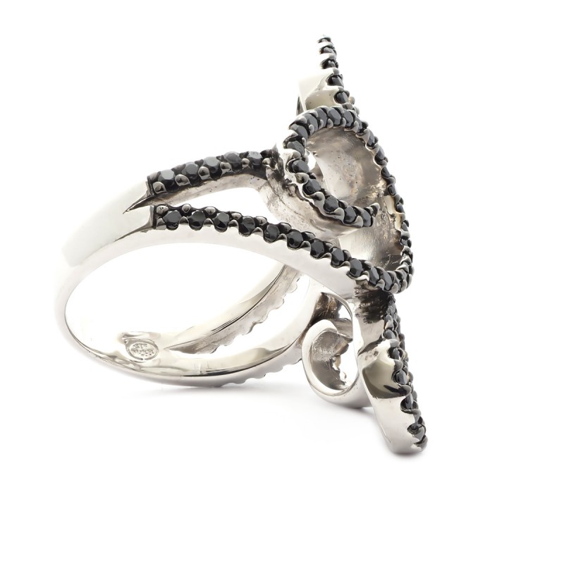 Bague Carador arabesques empierrée d'oxydes de zirconium noirs, argent 925/000