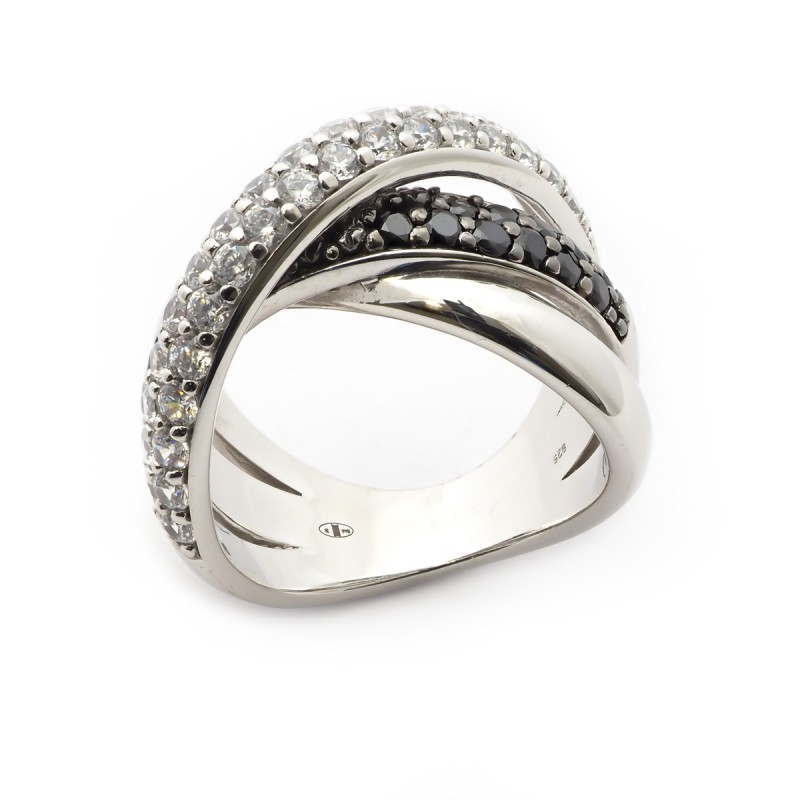 Bague Carador femme fantaisie argent 925/000 et oxydes de zircounium noirs et blancs