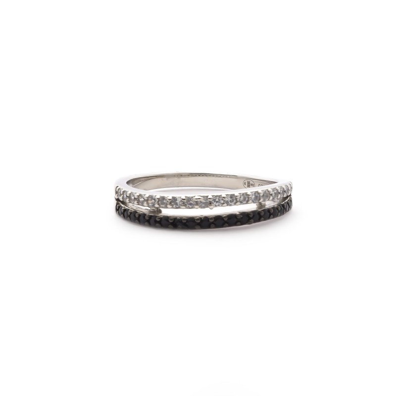 Bague Carador vague double rangs sertis d'oxydes de zirconium noirs et blancs argent 925/000