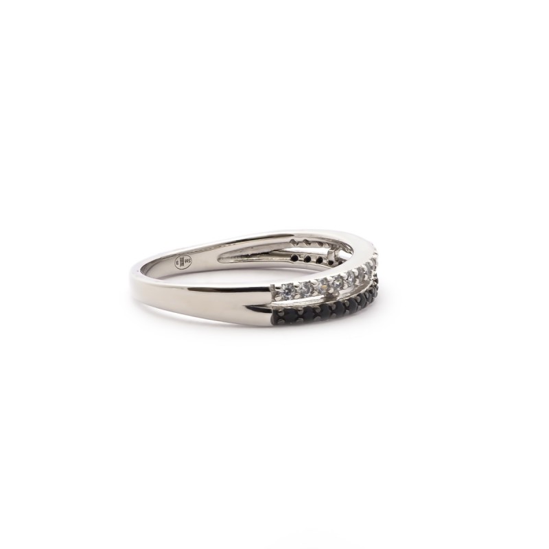 Bague Carador vague double rangs sertis d'oxydes de zirconium noirs et blancs argent 925/000