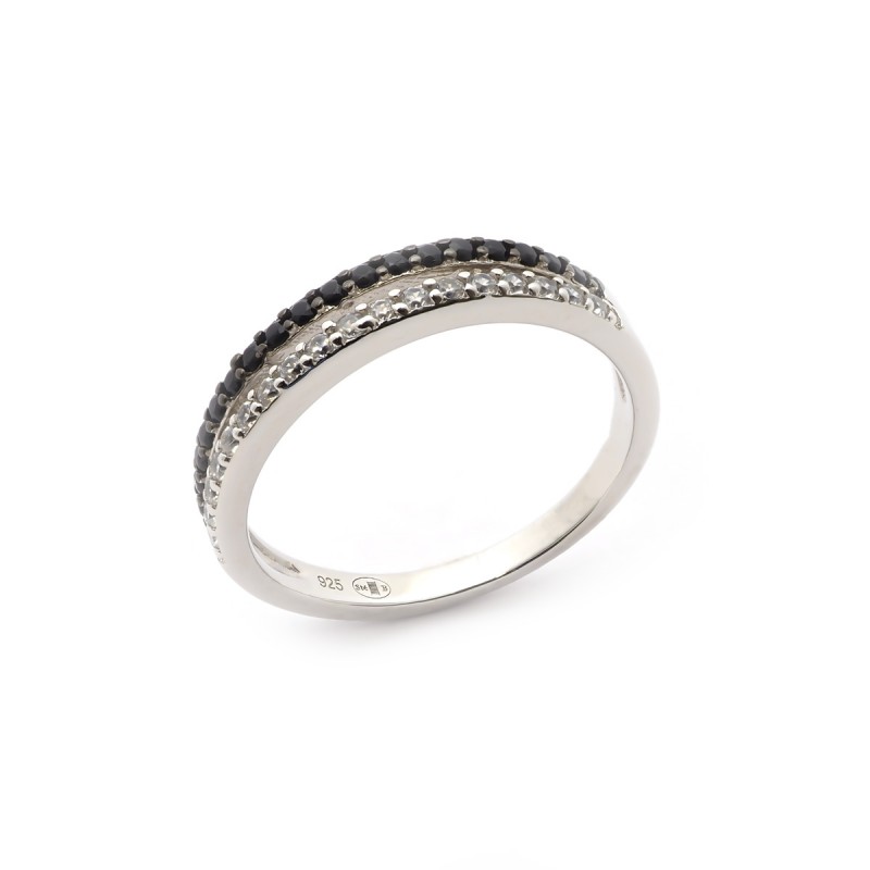 Bague Carador vague double rangs sertis d'oxydes de zirconium noirs et blancs argent 925/000