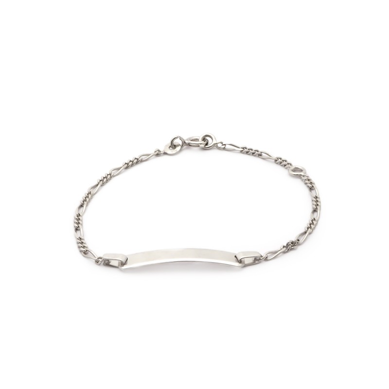 Gourmette identité Carador en or blanc 375/000, plaque rectangulaire maille alternée 1/3