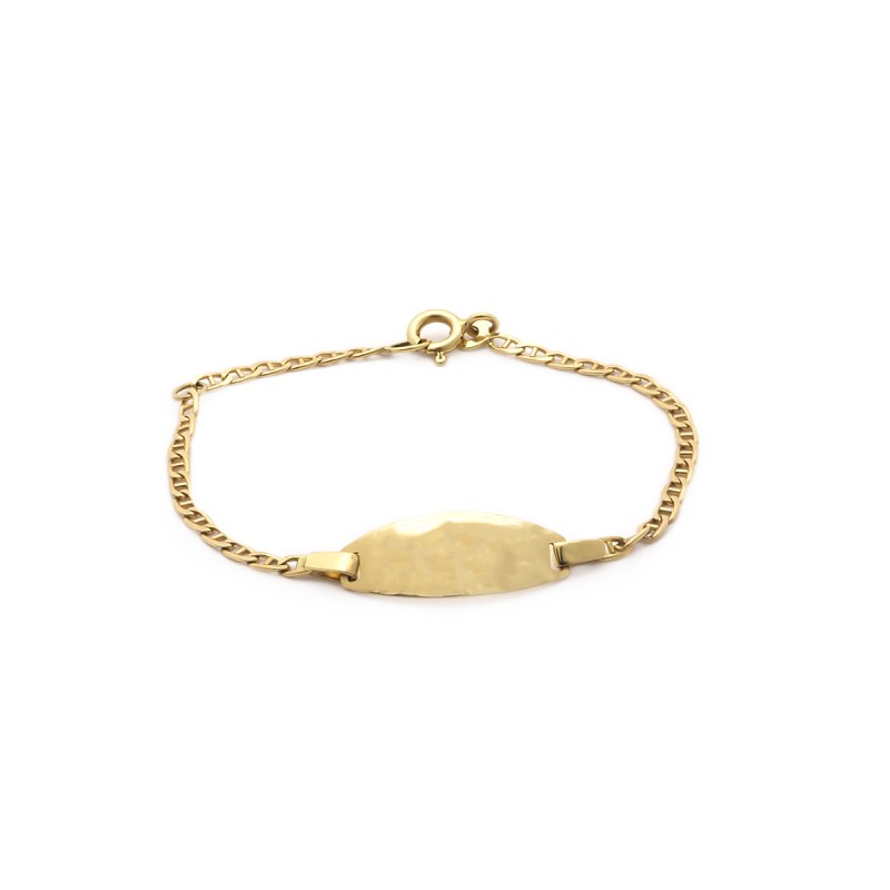 Gourmette identité Carador en or jaune 750/000, plaque ovale maille forçat marine plate