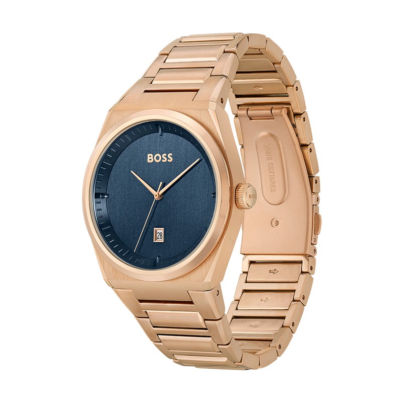 MONTRE HUGO BOSS ACIER DORE ROSE CADRAN BLEU