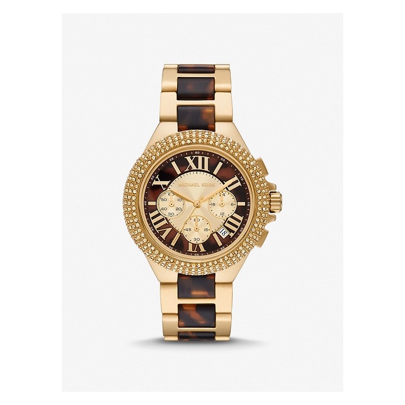 MONTRE MICHAEL KORS FEMME BRACELET ACIER DORE ECAILLES DE TORTUE PIERRES PAVEES
