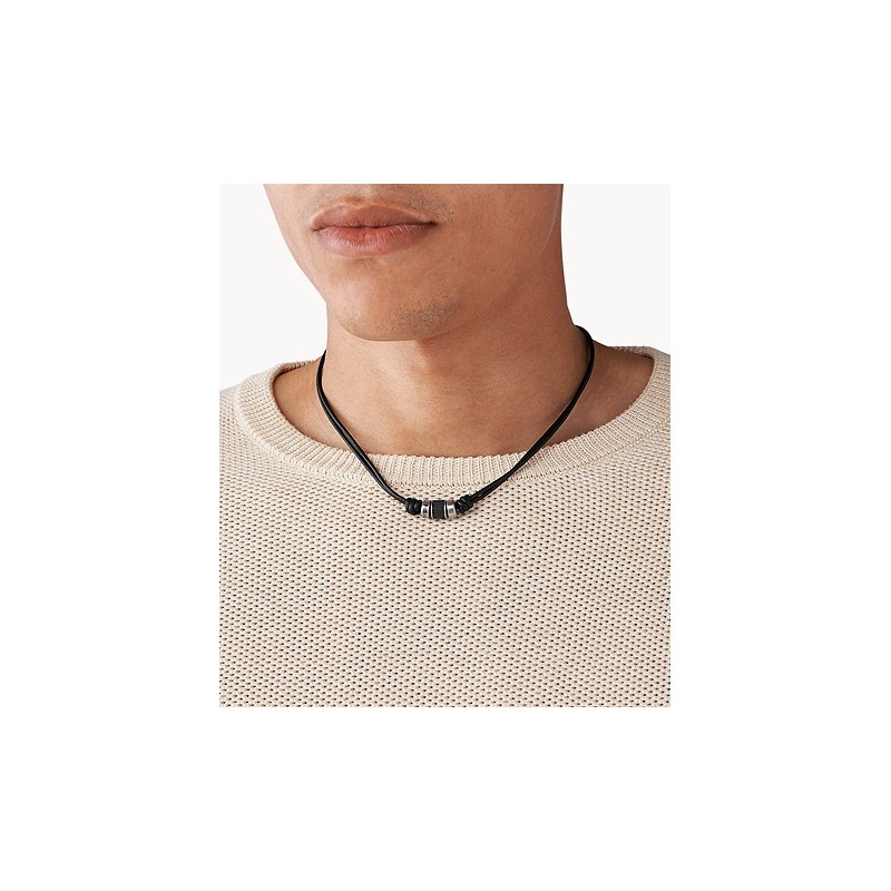 Collier Homme Fossil en cuir et pierre de lave