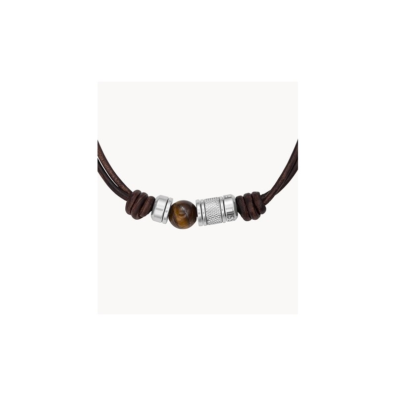 Collier Fossil en cuir et oeil de tigre