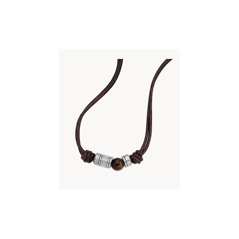 Collier Fossil en cuir et oeil de tigre