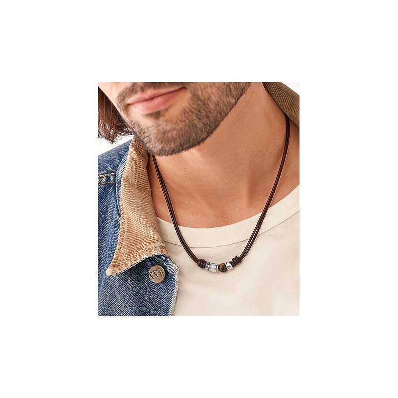 Collier Fossil en cuir et oeil de tigre