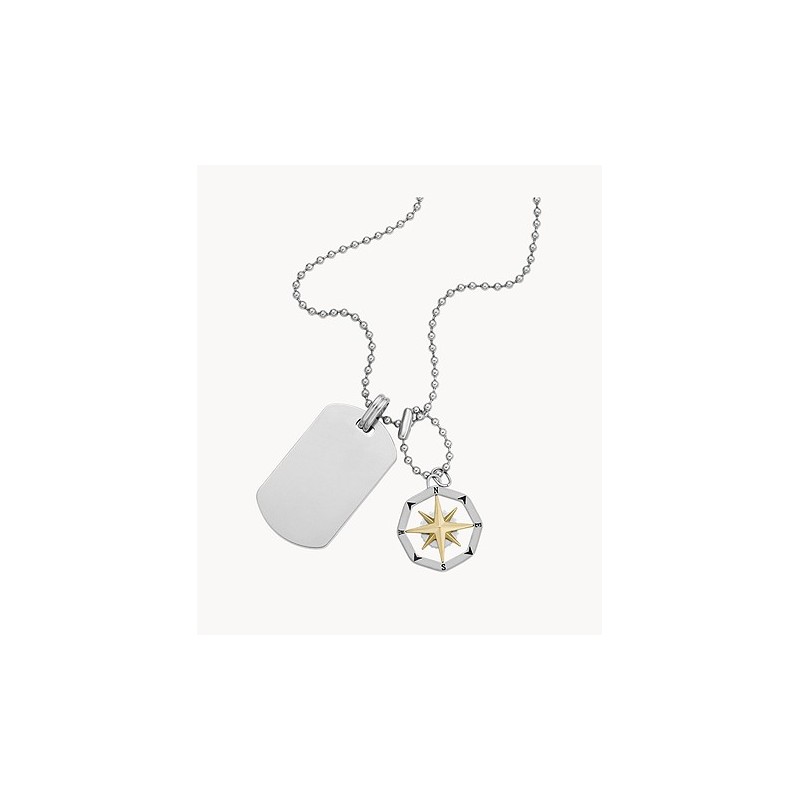 Collier Fossil plaque militaire et rose des vents en acier