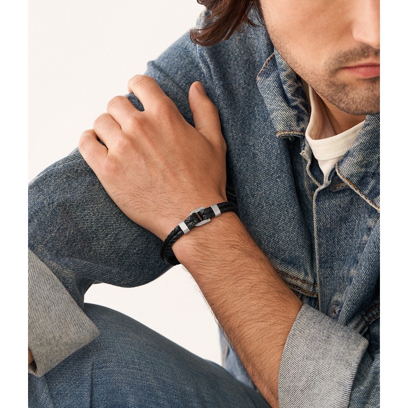 Bracelet Fossil en cuir noir