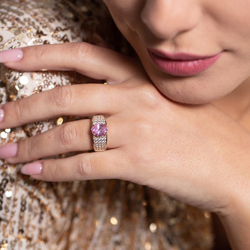 BAGUE FEMME GRIFFE ROUGE ELISABETH PLAQUE OR ET OXYDE ROSE