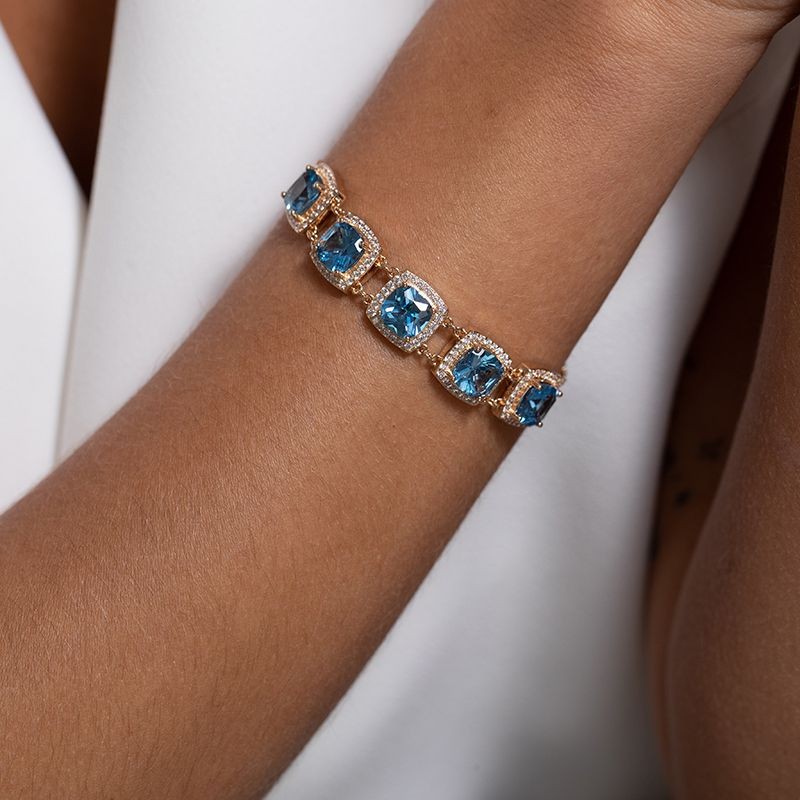 BRACELET FEMME GRIFFE ROUGE MARGARET PLAQUE OR ET OXYDES BLEUS