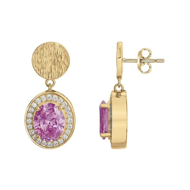 BOUCLES D'OREILLES FEMME PENDANTES GRIFFE ROUGE VICTORIA PLAQUE OR ET OXYDE ROSE