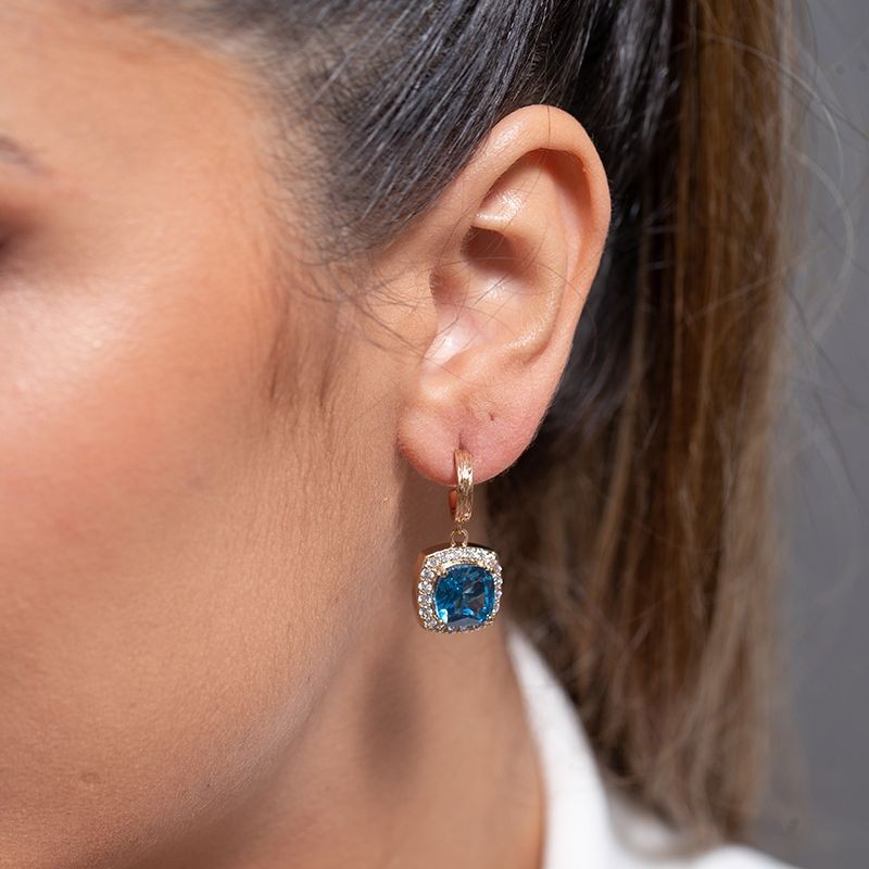 BOUCLES D'OREILLES FEMME PENDANTES GRIFFE ROUGE MARGARET PLAQUE OR ET OXYDE BLEU