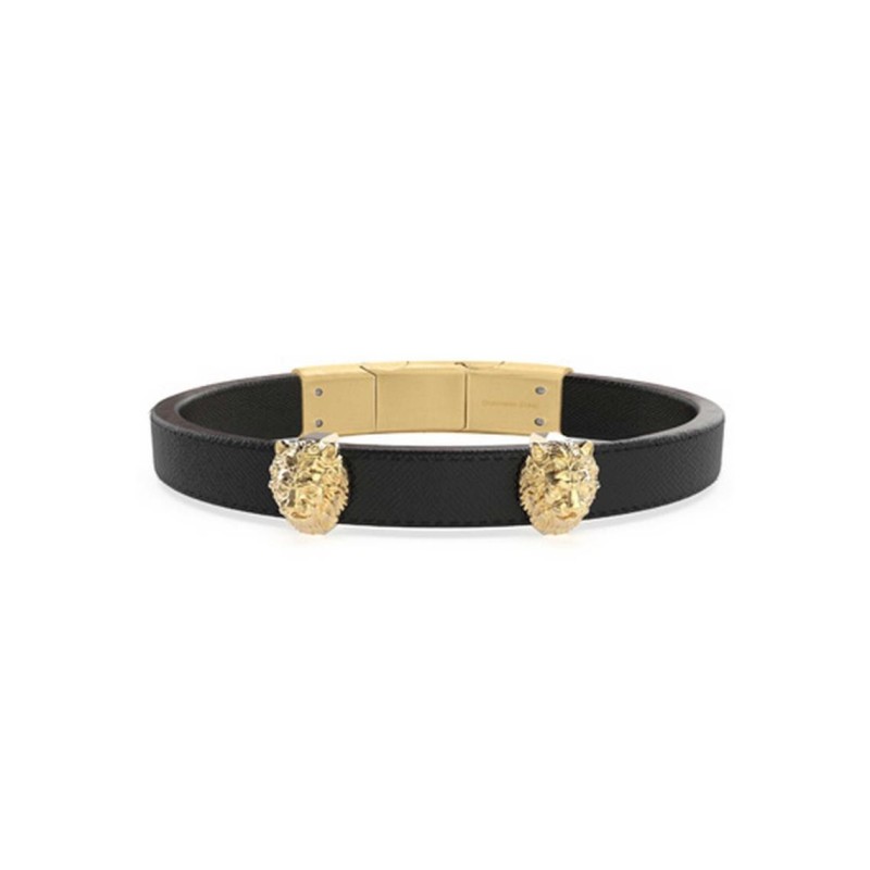 BRACELET HOMME GUESS LION KING ACIER DORÉ ET CUIR NOIR